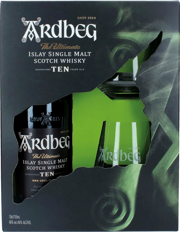 Ardbeg Ten Years Old Islay Malt in GP + 2x Gläser