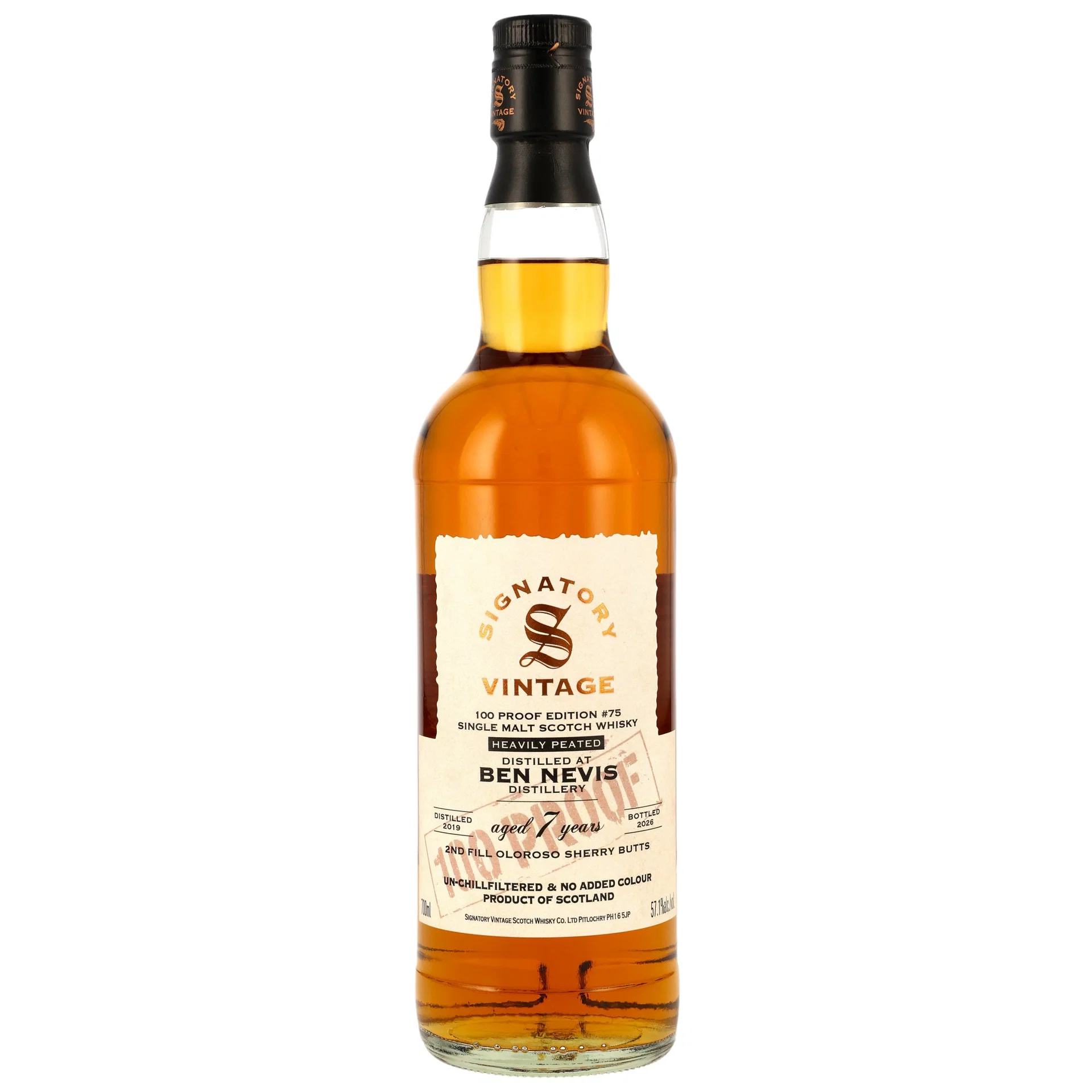 Ben Nevis Heavily Peated 2019/2026 - 7 y.o. - 2nd Fill Oloroso Sherry Butts - Signatory 100 PROOF Edition #75