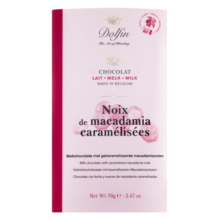 Dolfin Vollmilchschokolade mit karamellisierten Macadamianüssen - 70g.